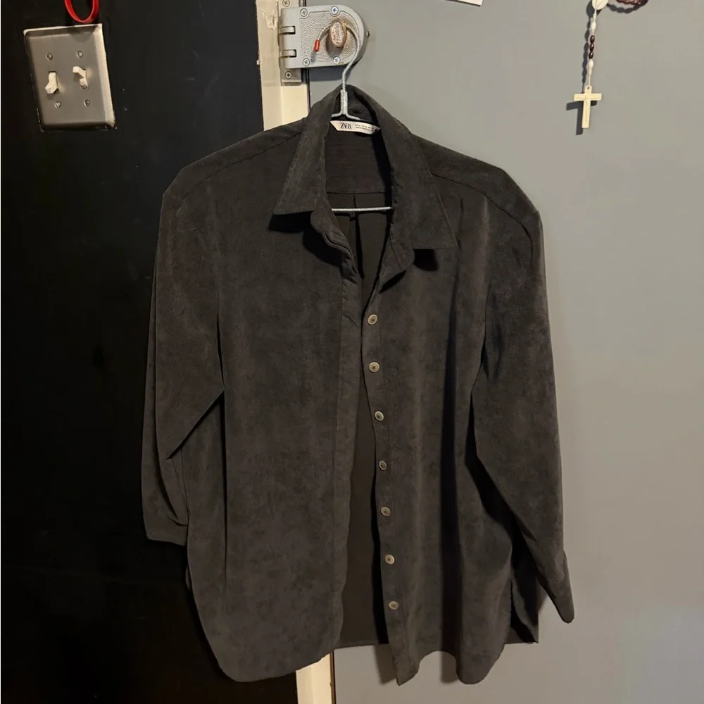 Zara Ribbed Dark Gray Collared Jacket - Picture 1 of 3